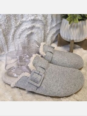 J. Crew Sherpa-Lined Mules Slippers Grey Slip-On Clogs Buckle Size 8 NWT
